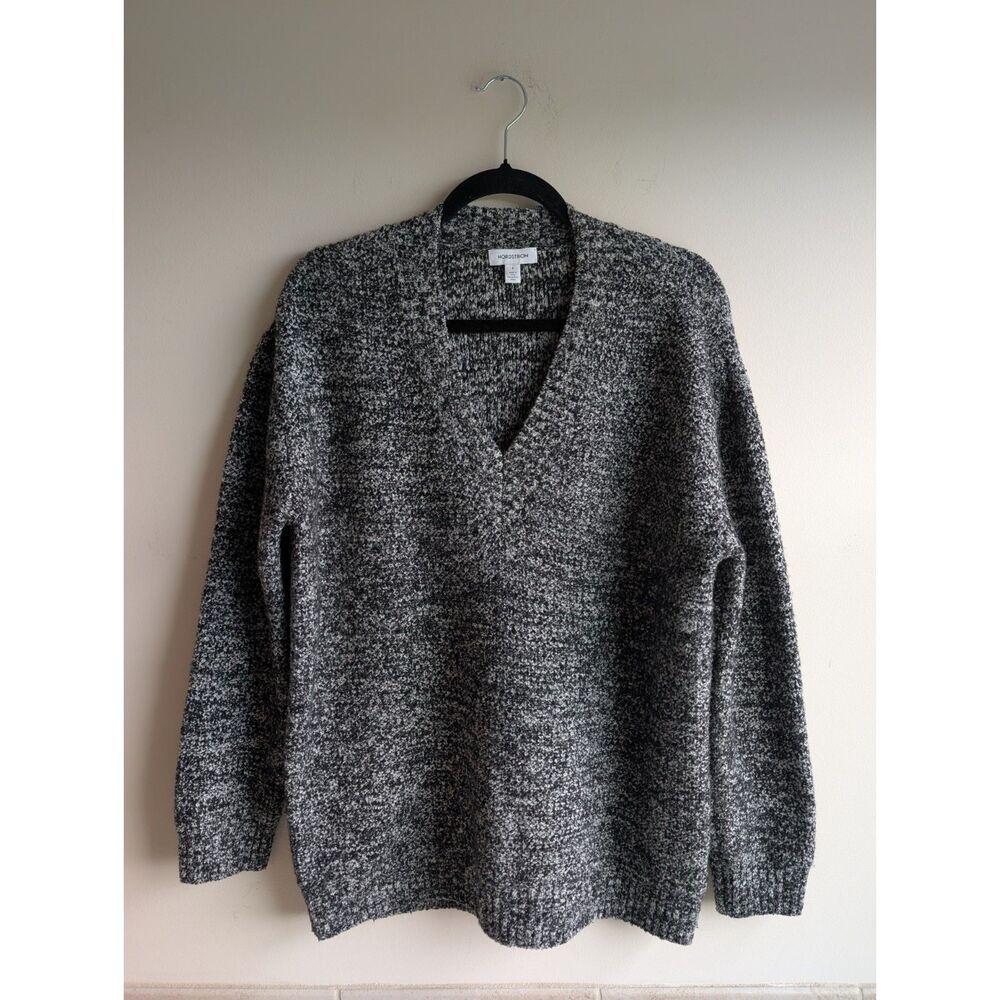 Nordstrom Women's S Black White Marled Wool Blend V Neck Sweater Oversized